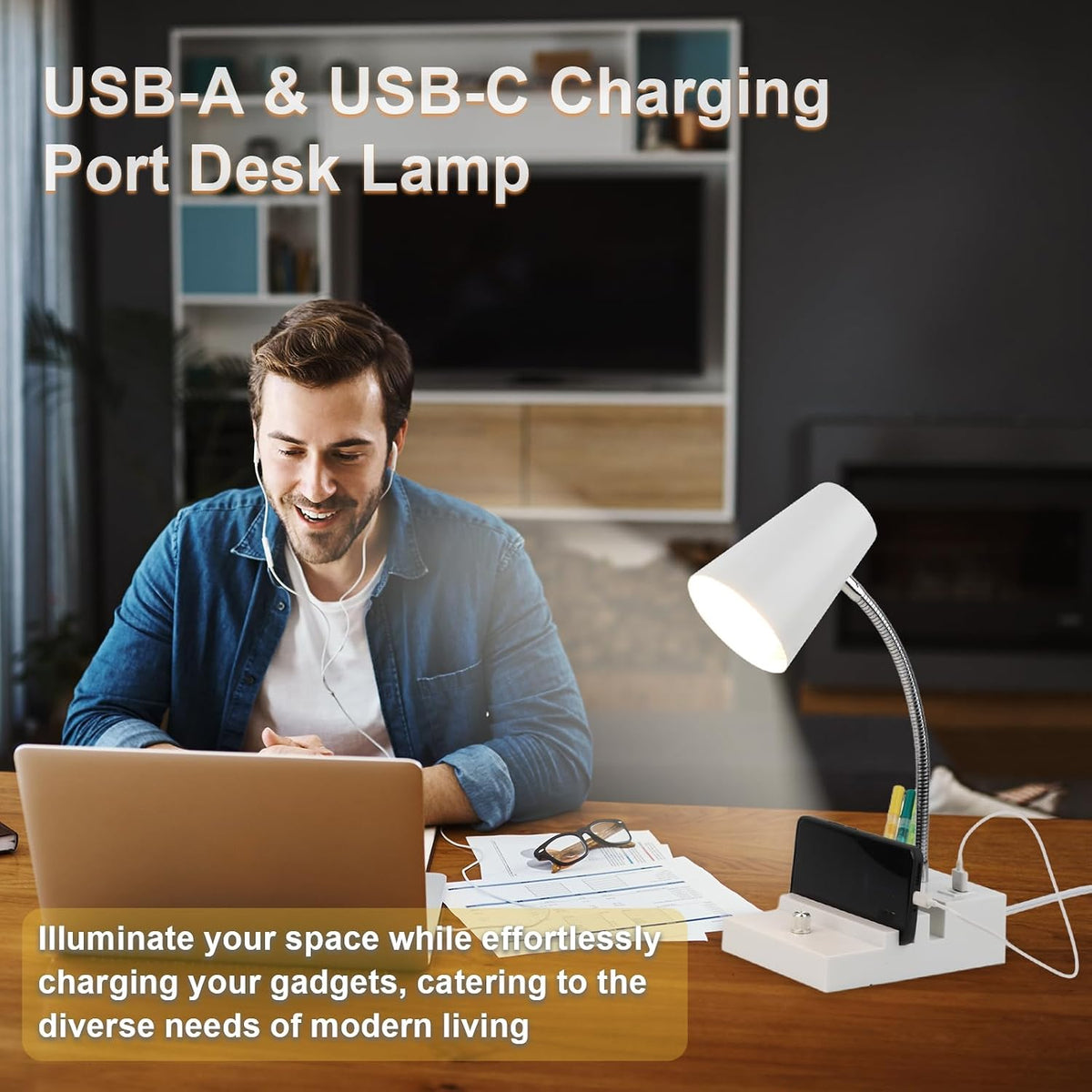 LALISU Study Desk Lamp with USB Charging and Type-C Night Light, Gooseneck LED Table Lamp Stepless Dimming Study Table Lamp with Pen Holder for College Dorm Bedroom and Office (Black)
