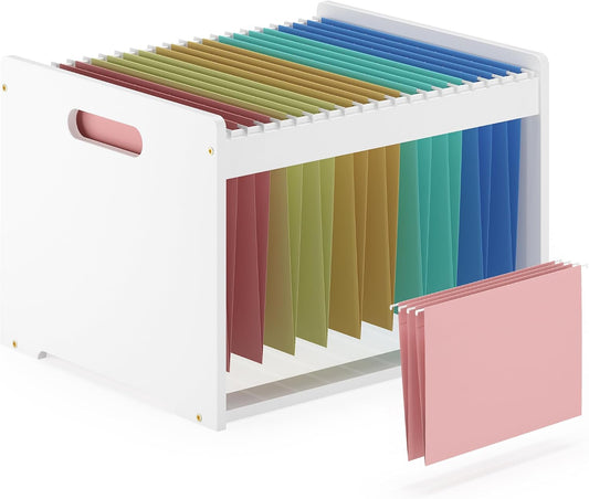 Hanging File Box Organizer for Letter Size, Bamboo Acrylic File Folder Storage with Lid Clear Moving Boxes Wooden with Handle Desktop Wood Filing Holder for Office Banker Document White 1 Pack