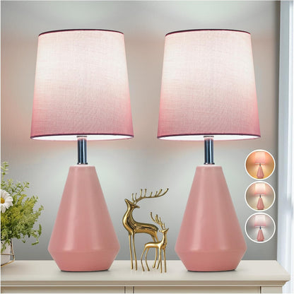 Small Bedside Table Lamp for Bedroom - Reading Desk Lamp with 3 Color Temperatures，15.5" Nightstand Ceramic Lamp with Fabric Shade for Kids Room,Living Room,Dorm,Home Office (Green)