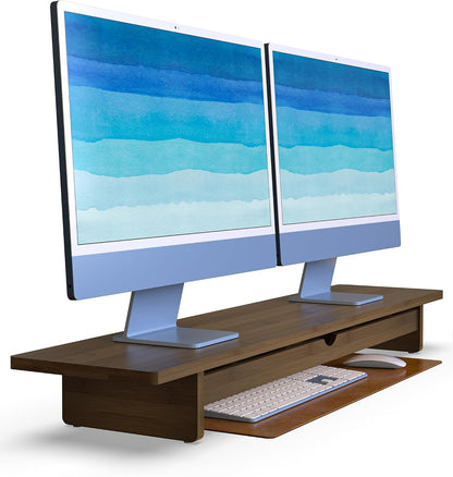 Bamboo Monitor Stand with Large Storage Drawer,23 Inch Ergonomic Computer Riser for Desk, Holds Up to 220lbs, Screen Shelf with 5 Compartments for Keyboard & Stationery Organization