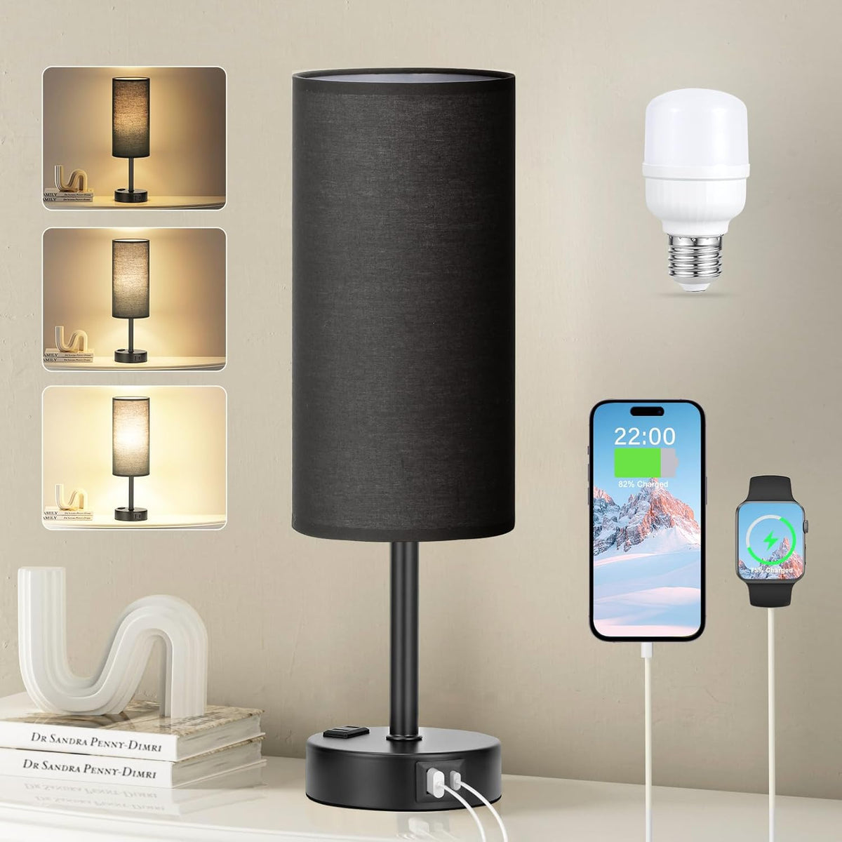 Fenmzee Bedside Table Lamp for Bedroom - Dimmable Touch, USB A+C, AC Outlet