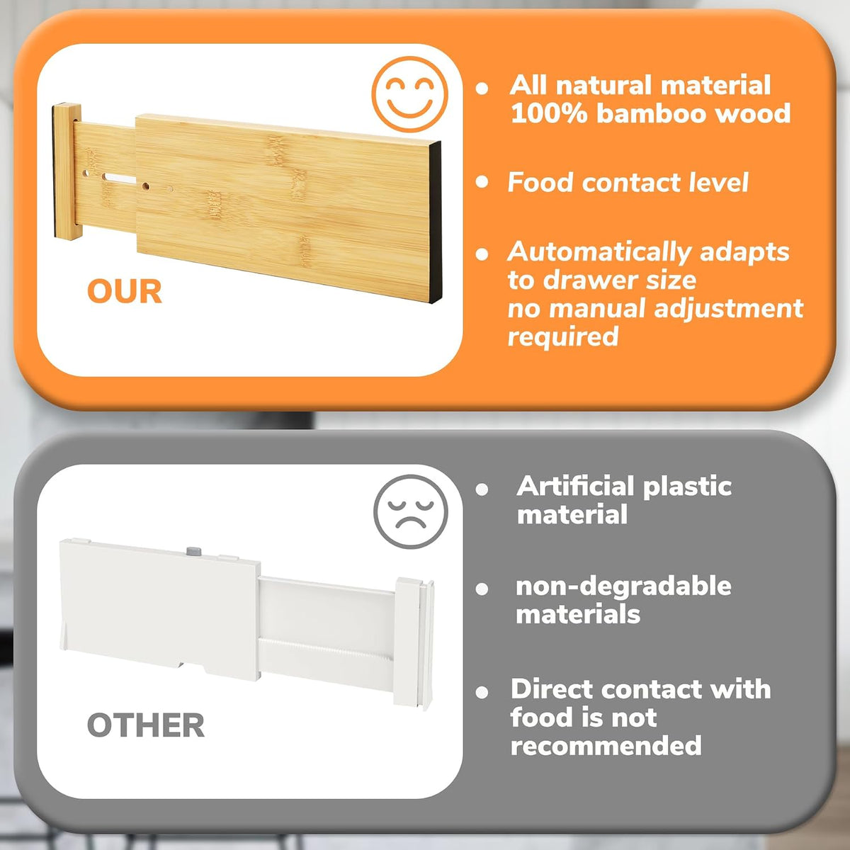 BAMEOS Bamboo Expandable Drawer Dividers – Fits 16.6"–22" Drawers, 2" High, Set of 4 | Spring-Loaded Bamboo Separator for Kitchen Island, Bathroom Vanity & Dresser Drawers