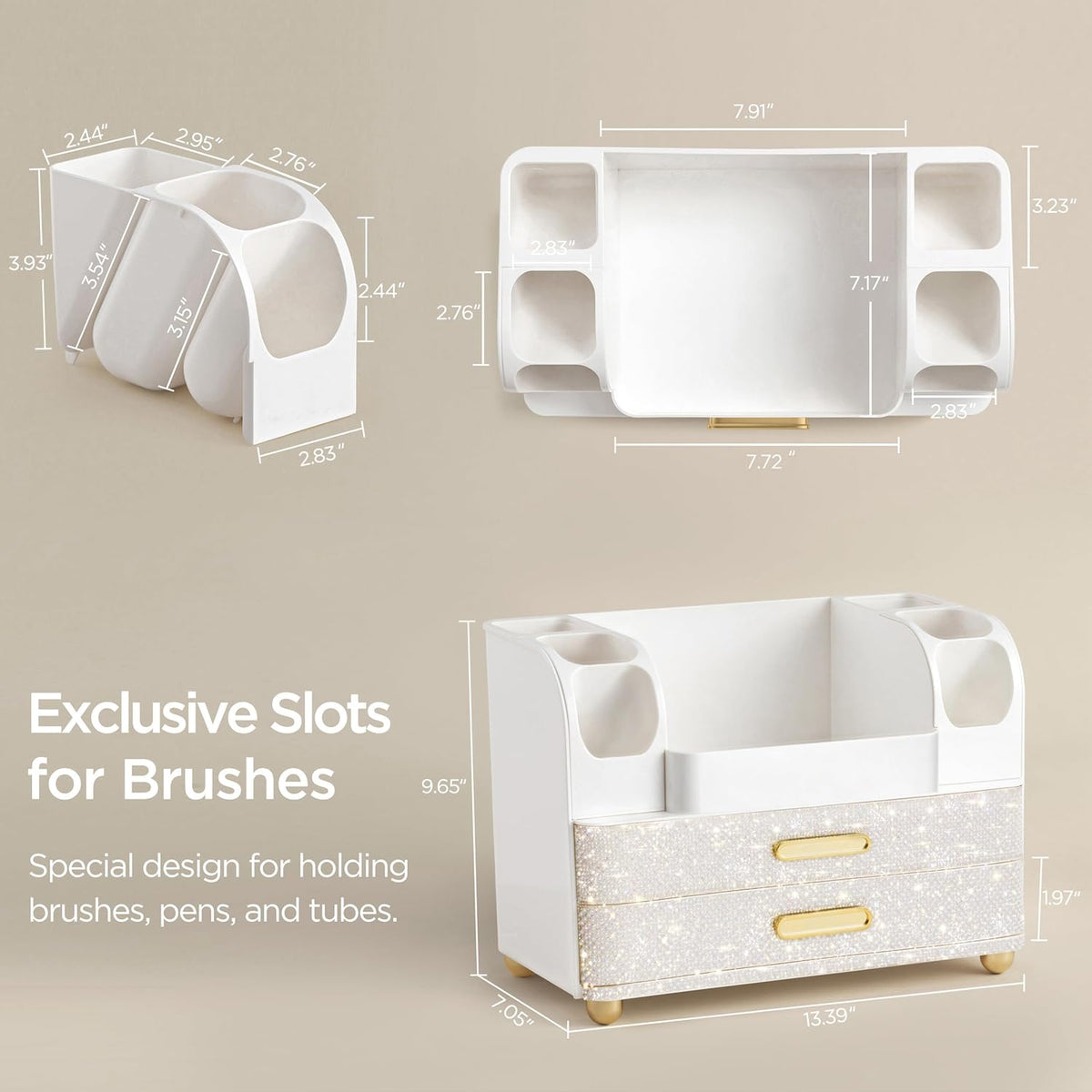 HBlife Makeup Organizer for Vanity with Brush Holder, Large Bathroom Countertop Cosmetic Organizer Skin Care Storage, Easy to Store Lipsticks, Nail Polishes, Perfumes, Eyeshadow Palettes, All White