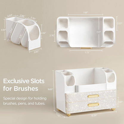 HBlife Makeup Organizer for Vanity with Brush Holder, Large Bathroom Countertop Cosmetic Organizer Skin Care Storage, Easy to Store Lipsticks, Nail Polishes, Perfumes, Eyeshadow Palettes, All White