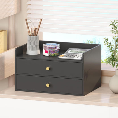 Bamboo Desk Organizer with Drawers Wooden Desktop Storage Drawers (1, Black 3 Drawer)