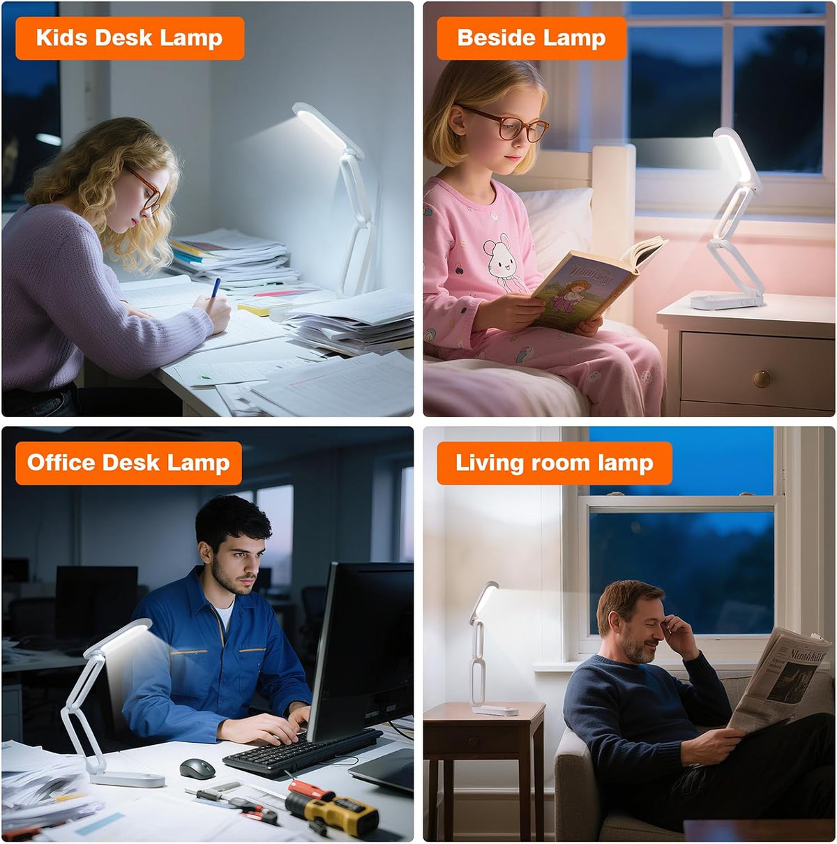 Foldable LED Desk Lamp, Rechargeable Battery Operated Portable Light with 3 Brightness Levels, 180° Adjustable Eye-Caring Mini Lamp for Home Office, Reading & Travel (White)