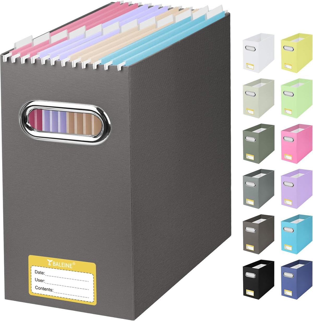 BALEINE File Organizer Box, Cardboard File Folder Organizer with Handle for Letter Size, Portable Collapsible Hanging Filing Box for Home Office Document Storage (2 Pack, Black)