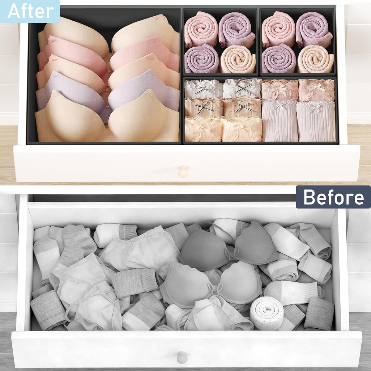 Drawer Organizer Clothes, Dresser Organizer, Foldable Closet Organizers and Storage, Fabric Dresser Bins, Drawer Dividers for Nursery, Baby Clothes, Underwears, Sock (Beige)