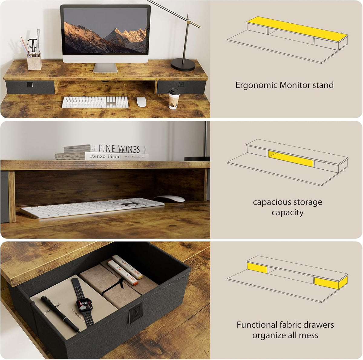 48 * 24 Inch Electric Standing Desk with Shelf & Led, Dark Walnut