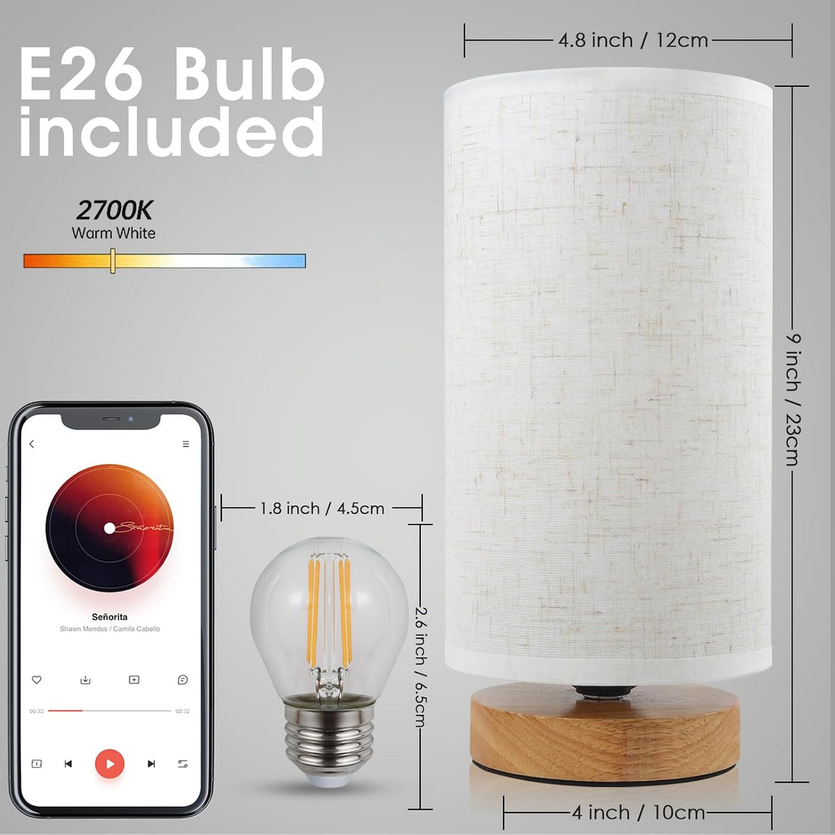 Small Bedside Table Lamp for Bedroom,Natural Round Wood Base&Fabric Linen Shade,Cozy Night Table Light for Study Reading,Minimalist Boho Desk Lamp for Nightstand,Living Room,Nursery,Kitchen,Dorm
