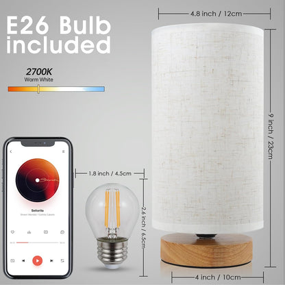 Small Bedside Table Lamp for Bedroom,Natural Round Wood Base&Fabric Linen Shade,Cozy Night Table Light for Study Reading,Minimalist Boho Desk Lamp for Nightstand,Living Room,Nursery,Kitchen,Dorm
