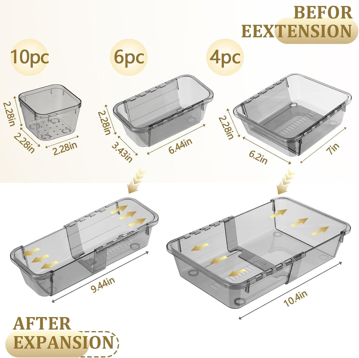 Adjustable Clear Drawer Organizer, Extendable Vanity Storage Bins, Desk Drawer Organizer Set for Makeup, Cosmetics, Bedroom, and Gadgets, Purple