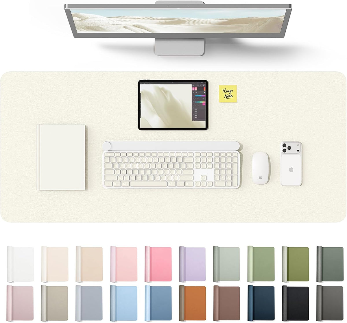 YSAGi Leather Desk Pad Protector, Office Desk Mat, Large Mouse Pad, Non-Slip PU Leather Desk Blotter, Waterproof Laptop Desk Writing Pad for Office and Home (23.6" x 13.8", Eggshell) - Colors A