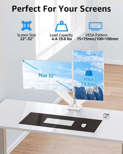 Dual Monitor Stand fits up to 32 inch, 4.4-19.8 lbs Computer Screens, Dual Monitor Desk Mount Height Adjustable, Monitor Arms for 2 Monitors, Home Office VESA Mounts, Freelift White