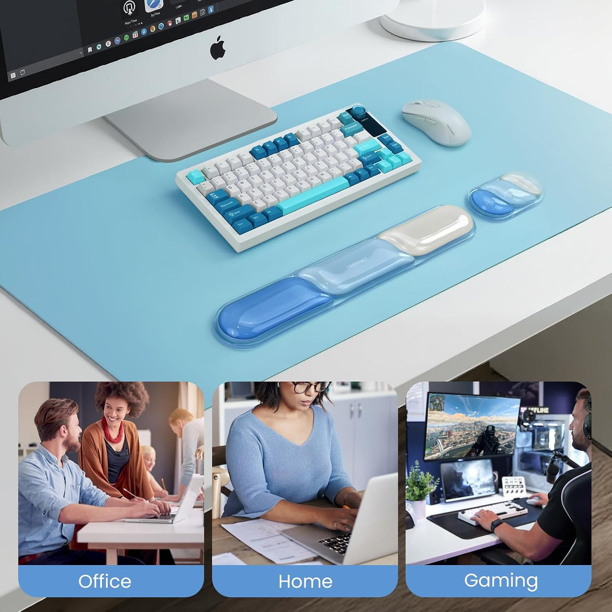 TECKNET Clear Gel Wrist Rest for Computer Keyboard, Ergonomic Gel Keyboard Wrist Rest Set for Typing Pain Relief, Comfortable Silicone Wrist Support Pad for Office/Computer/Laptop/Gaming, Blue