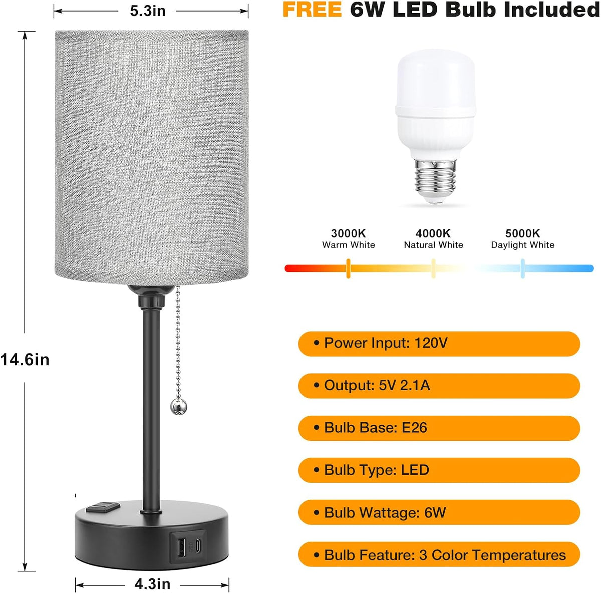 Dicoool Bedside Table Lamp for Bedroom - Small Desk Lamp with USB Ports