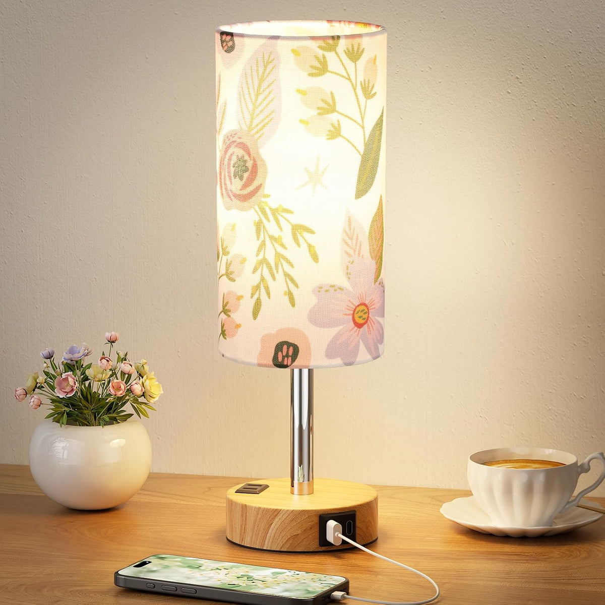 Fenmzee Bedside Table Lamp for Bedroom - Dimmable Touch, USB A+C, AC Outlet