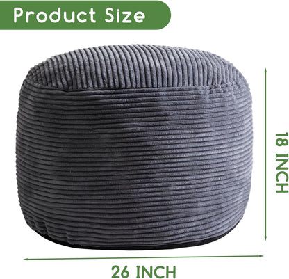 Round Stuffed Pouf Ottoman, Corduroy Poufs with Foam Chunk Filling, Furry and Fluffy Pouf Foot Stool Storage Ottoman, 20 X 15 Floor Poufs Foot Rest for Living Room, Dark Grey