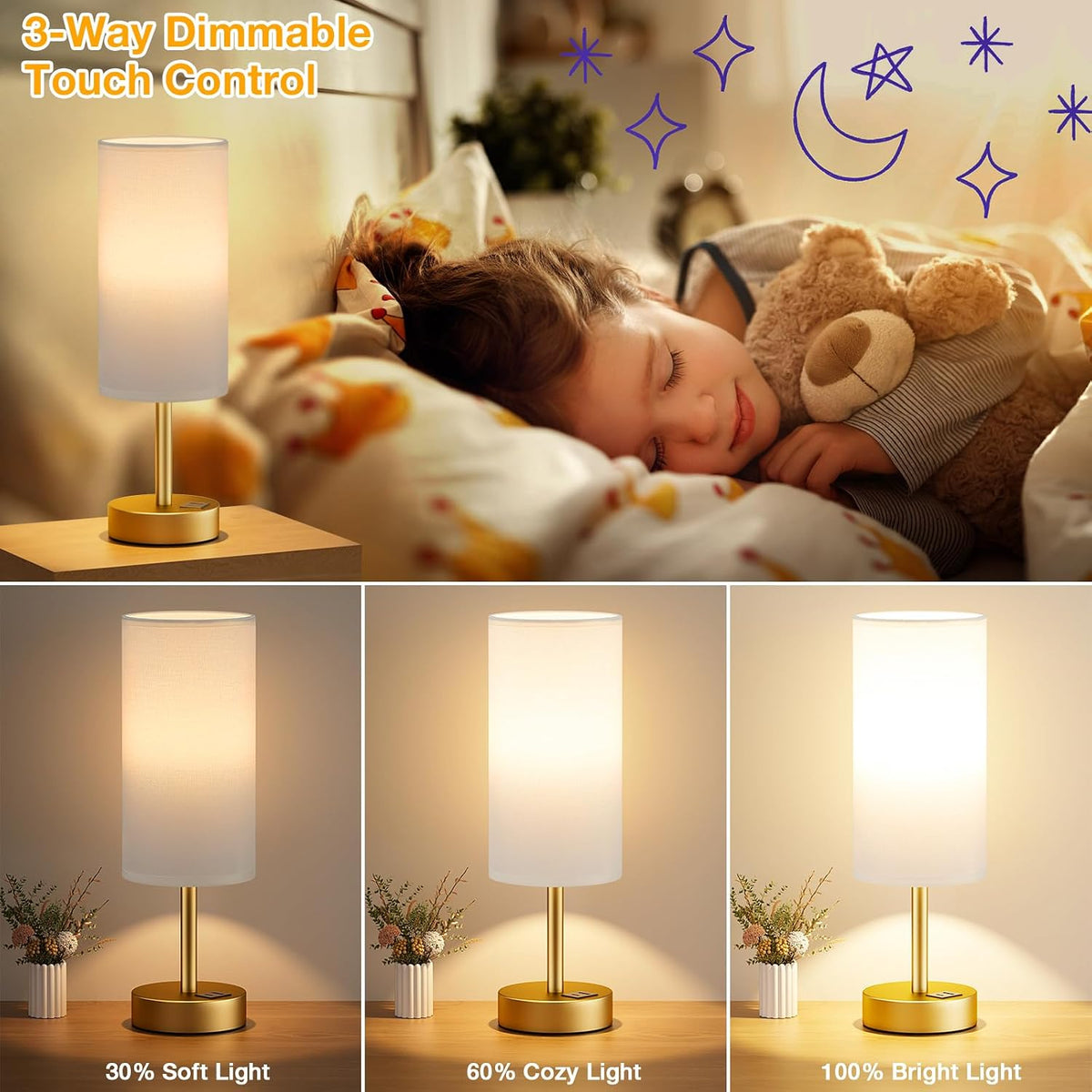 Dicoool Bedside Table Lamp for Bedroom - 3-Way Dimmable Touch Lamp, USB A+C