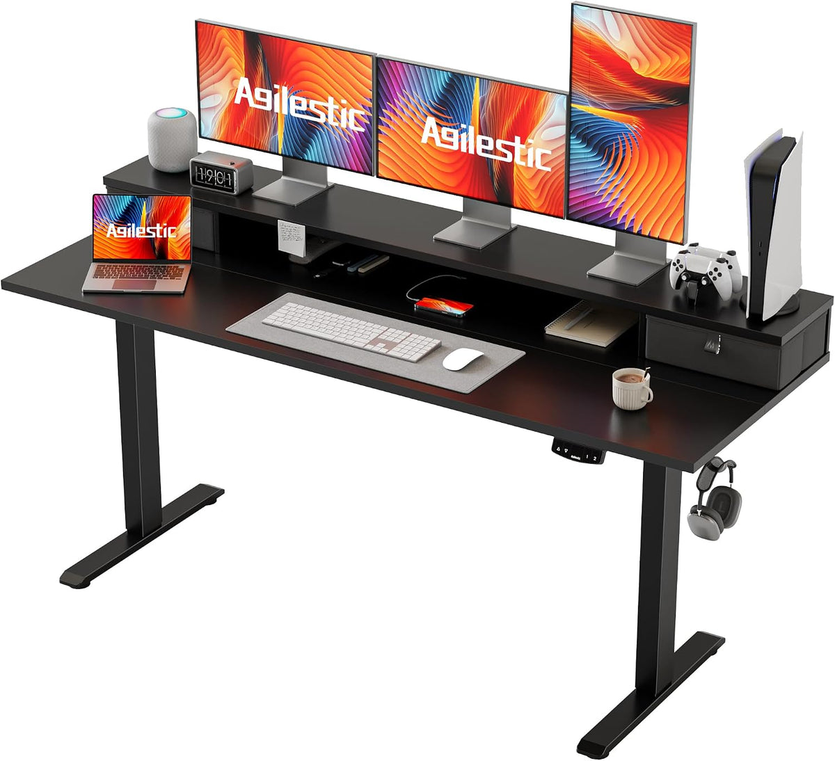 48 * 24 Inch Electric Standing Desk with Shelf & Led, Dark Walnut