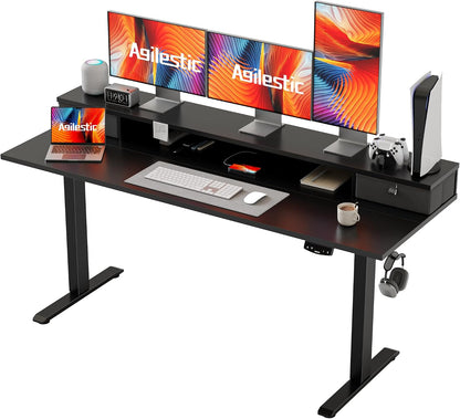 48 * 24 Inch Electric Standing Desk with Shelf & Led, Dark Walnut