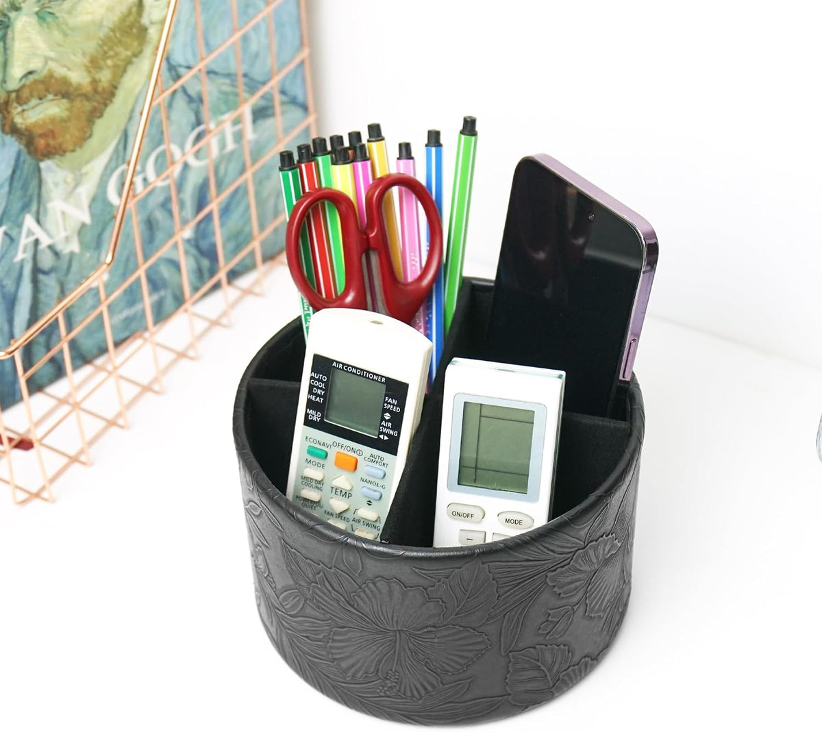 Round Leather Art Supply Organizer,Remote Control Holder,360 Degree Rotating,Multi-Functional Pencil Holder,4 Compartments Desktop Stationary Organizer(1-Blue Bird) - Colors B