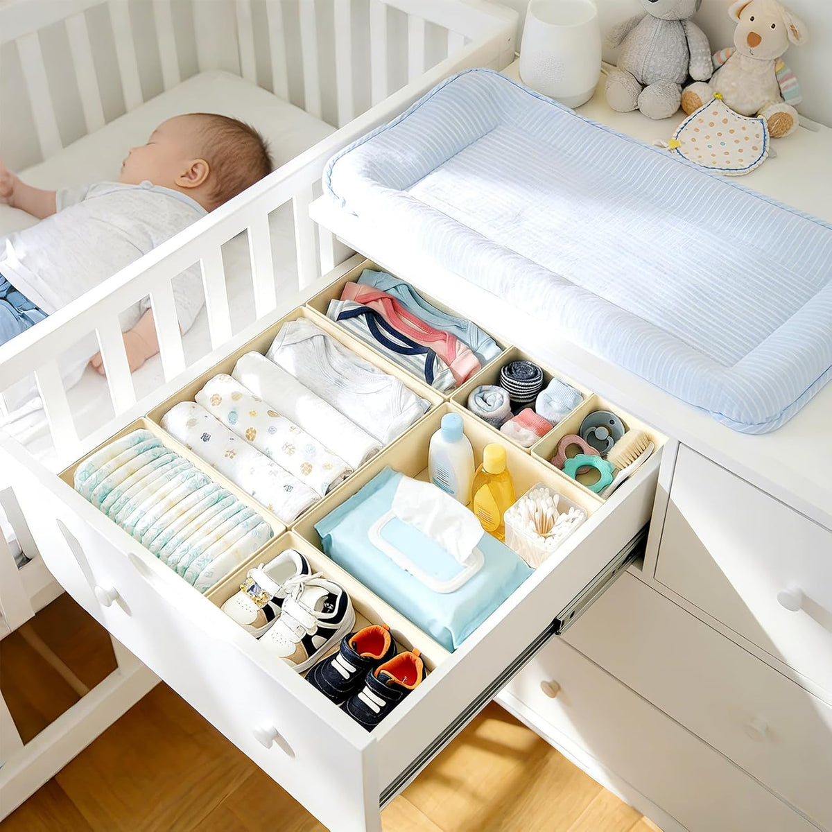 Drawer Organizer Clothes, Dresser Organizer, Foldable Closet Organizers and Storage, Fabric Dresser Bins, Drawer Dividers for Nursery, Baby Clothes, Underwears, Sock (Beige)