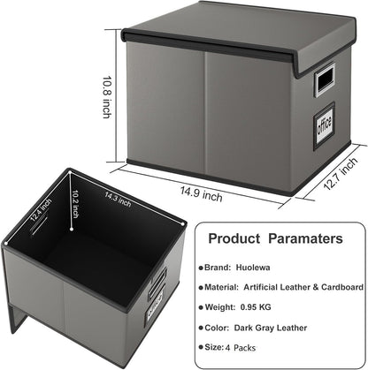 Upgraded Portable File Organizer Box with Lid, Collapsible Linen Hanging Filing Storage Boxes with Plastic Slides, Decorative Home/Office Filing System Box for File and Folders Storage (Gray)