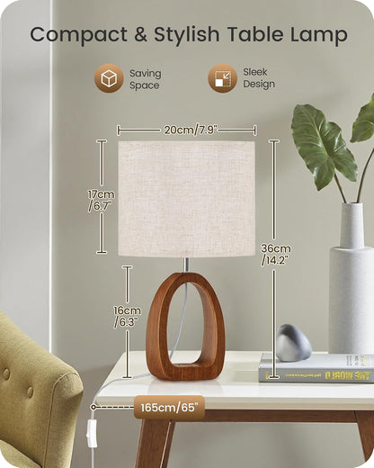 Small Table Lamp, 14.2" Cute Little Desk Lamp, Wood Bedside Lamp with Linen Lampshade, Modern Nightstand Lamp for Bedroom, E26 Base, Bulb Not Included, Beige and Dark Natural LE07TL05