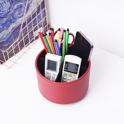 Round Leather Art Supply Organizer,Remote Control Holder,360 Degree Rotating,Multi-Functional Pencil Holder,4 Compartments Desktop Stationary Organizer(1-Blue Bird) - Colors C