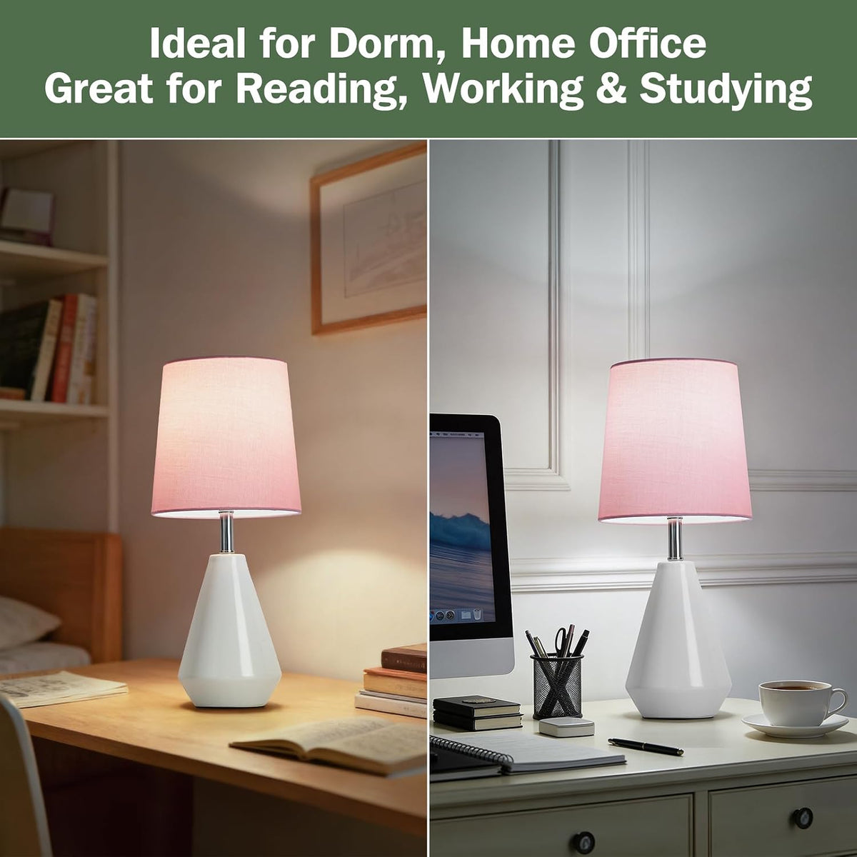 Small Bedside Table Lamp for Bedroom - Reading Desk Lamp with 3 Color Temperatures，15.5" Nightstand Ceramic Lamp with Fabric Shade for Kids Room,Living Room,Dorm,Home Office (Green)