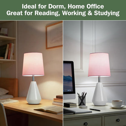 Small Bedside Table Lamp for Bedroom - Reading Desk Lamp with 3 Color Temperatures，15.5" Nightstand Ceramic Lamp with Fabric Shade for Kids Room,Living Room,Dorm,Home Office (Green)