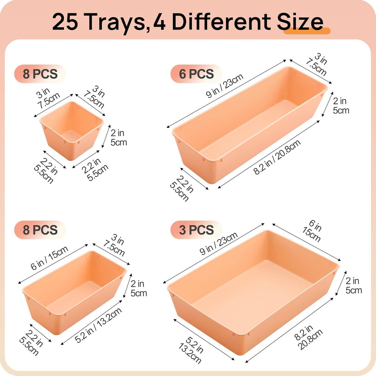 Vtopmart 25 PCS Clear Plastic Drawer Organizers Set, 4-Size Versatile Bathroom and Vanity Drawer Organizer Trays, Storage Bins for Makeup, Bedroom, Kitchen Gadgets Utensils and Office
