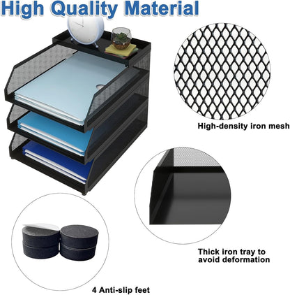 Natwind 4-Tier Paper Organizers,Desk Organizer,Stackable Paper Tray, Desk Accessories,Metal Mesh Desktop Organizer,Letter Trays,File Document Storage Rack for for Home, Office, School (Black)