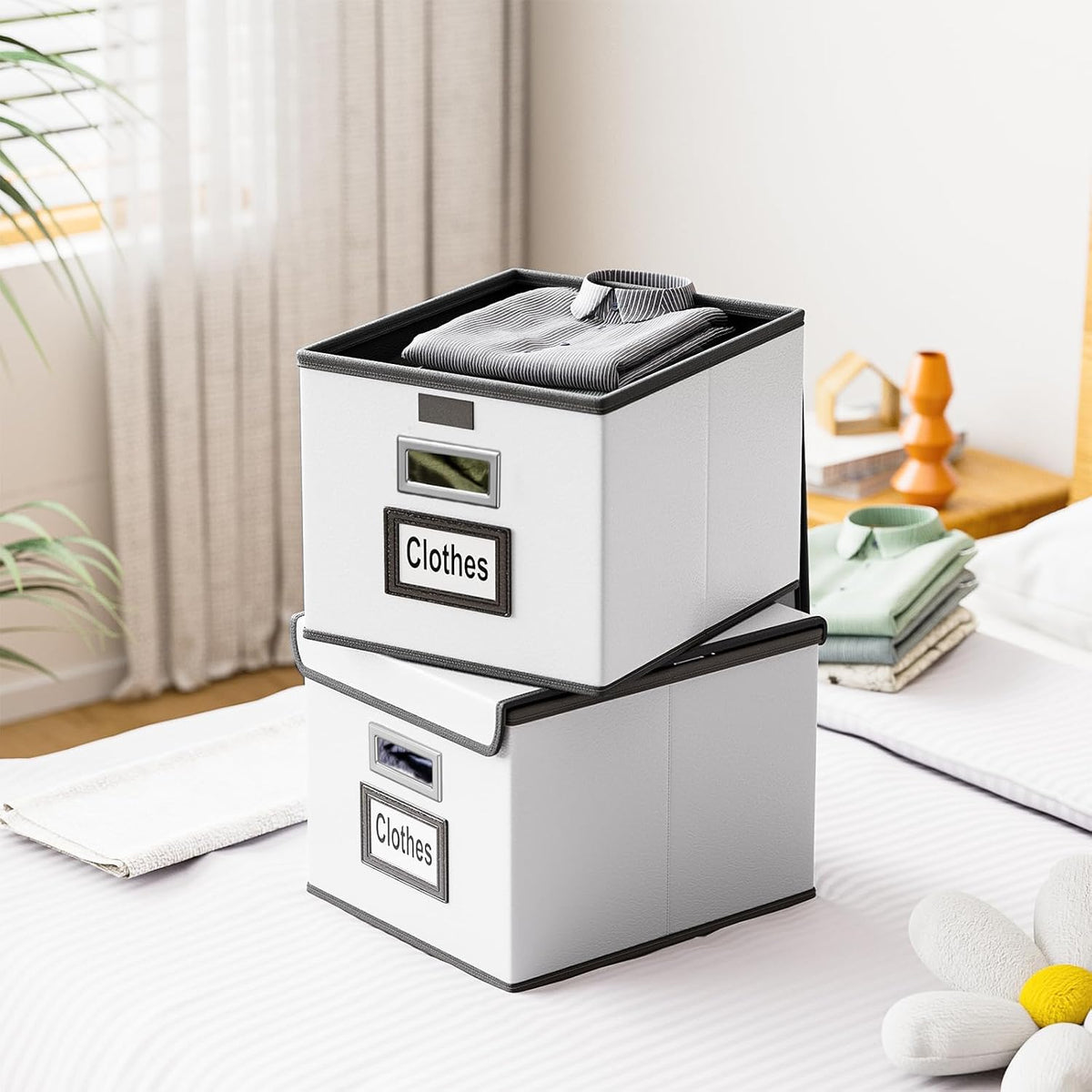 Upgraded Portable File Organizer Box with Lid, Collapsible Linen Hanging Filing Storage Boxes with Plastic Slides, Decorative Home/Office Filing System Box for File and Folders Storage (Gray)