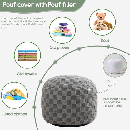 Round Stuffed Pouf Ottoman, Corduroy Poufs with Foam Chunk Filling, Furry and Fluffy Pouf Foot Stool Storage Ottoman, 20 X 15 Floor Poufs Foot Rest for Living Room, Dark Grey