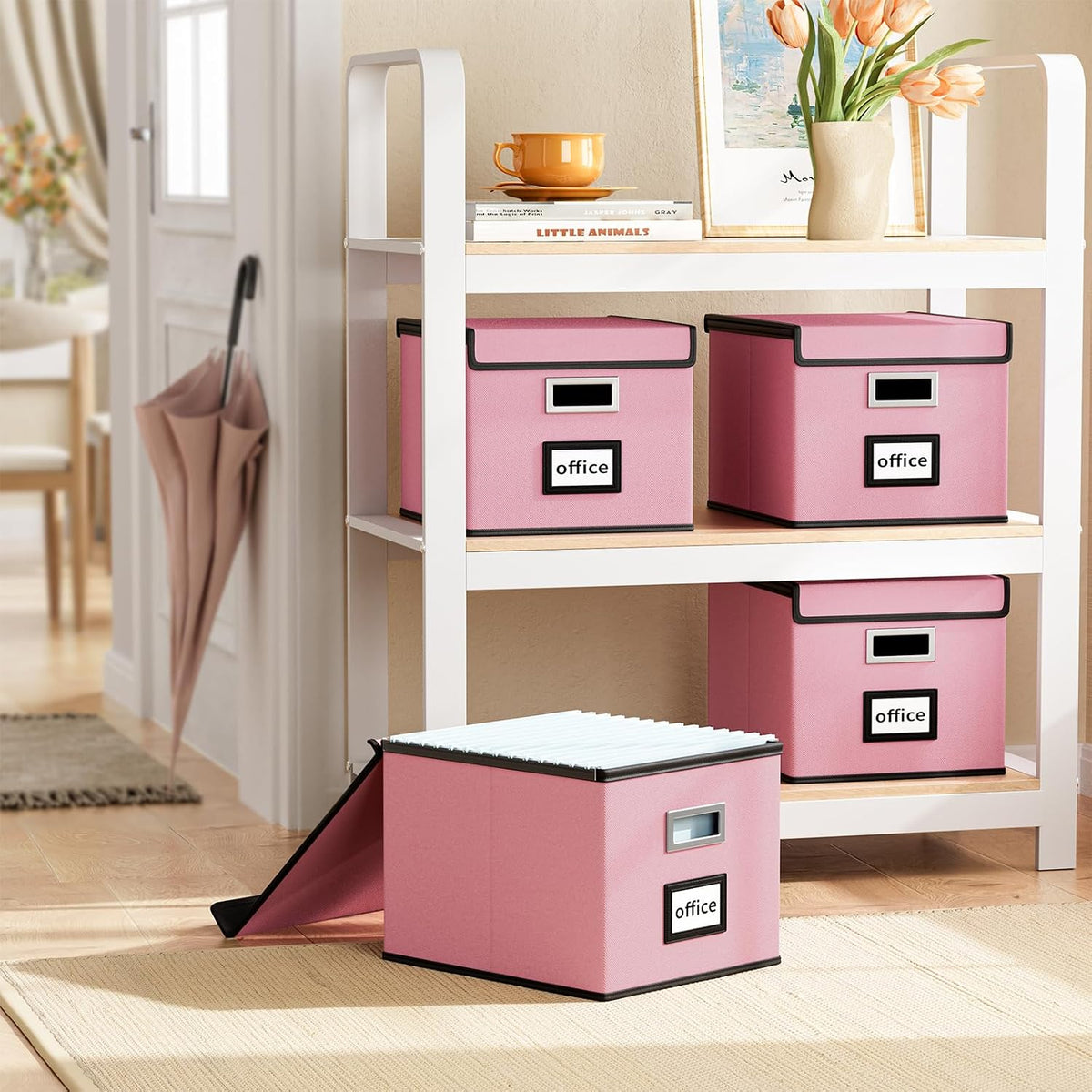 Upgraded Portable File Organizer Box with Lid, Collapsible Linen Hanging Filing Storage Boxes with Plastic Slides, Decorative Home/Office Filing System Box for File and Folders Storage (Gray)