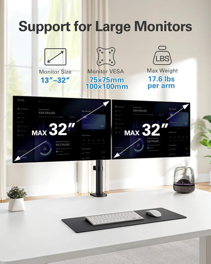 HUANUO Dual Monitor Mount up to 32 Inch Screens, Heavy-Duty Steel Dual Monitor Stand, Full Motion Adjustable Arm with Tilt, Swivel, Rotate, Holds up to 17.6 lbs per Arm, VESA 75/100mm