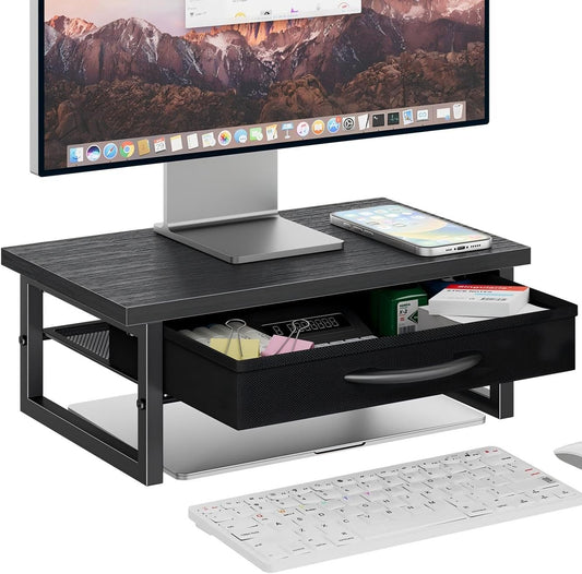 Ekisemio 2-Tier Monitor Stand with Fabric Drawer – Wood and Metal Computer Riser, Desk Organizer for Office, Black