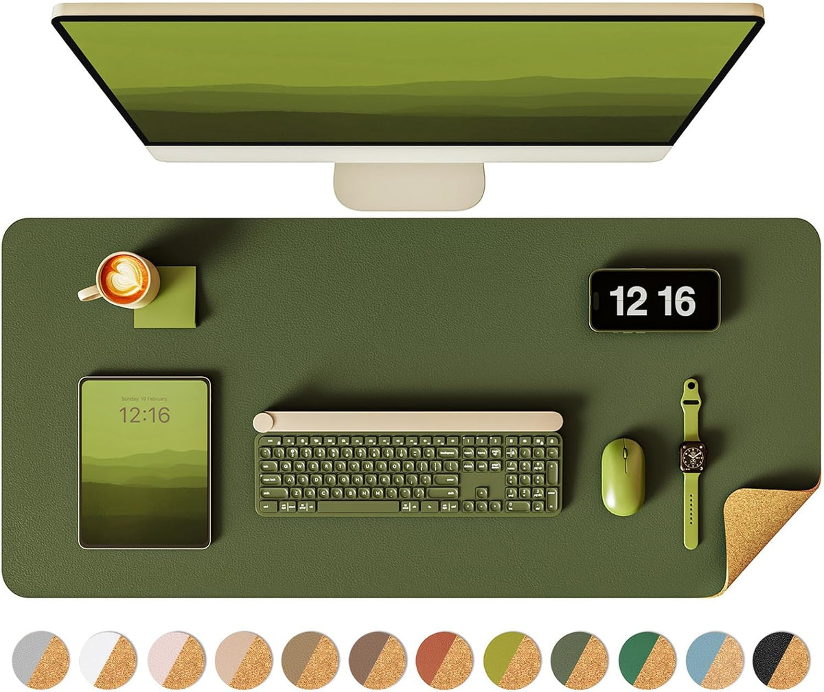 Double-Sided Desk Pad, 31.5"x15.7"Leather Desk Mat, Eco Cork Desk Pad Protector,Large Mouse Pad,Waterproof Desk Blotter for Office/Home(Coffee)