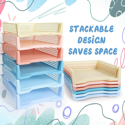 Tenceur 6 Pcs Turn in Trays Classroom, Pastel Paper Tray for Classroom Organization and Storage Stackable Plastic Book Baskets Teacher Organizers for Library Drawers Office Desk