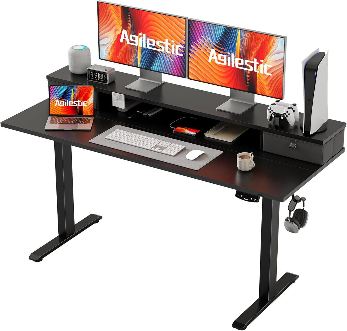 48 * 24 Inch Electric Standing Desk with Shelf & Led, Dark Walnut