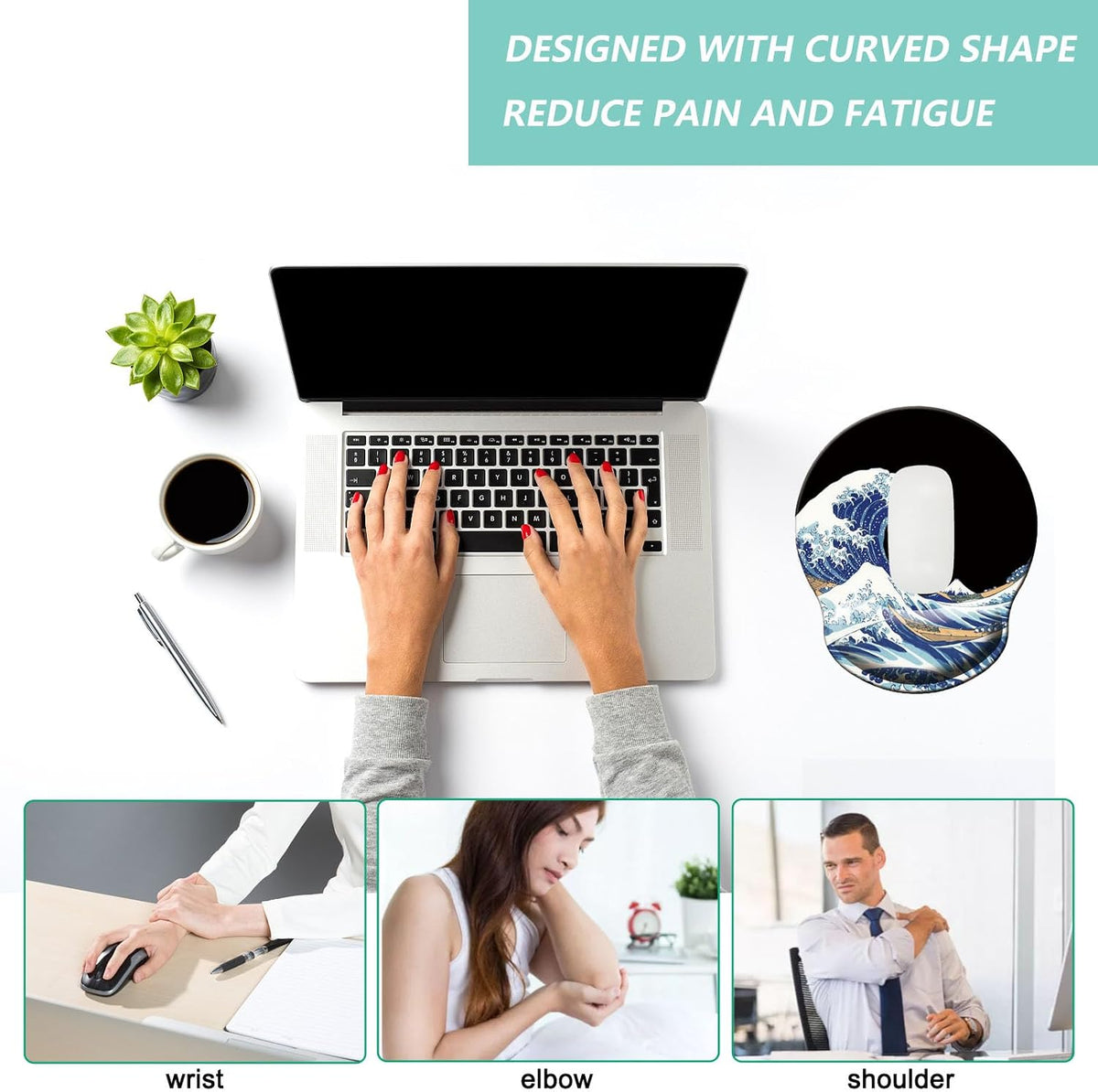 Mouse Pad with Wrist Support, Ergonomic Mouse Pad with Memory Foam Wrist Rest Cushion, Non-Slip Rubber Base Gaming Mice Pad for Home Office Computer Laptop, Flower Black