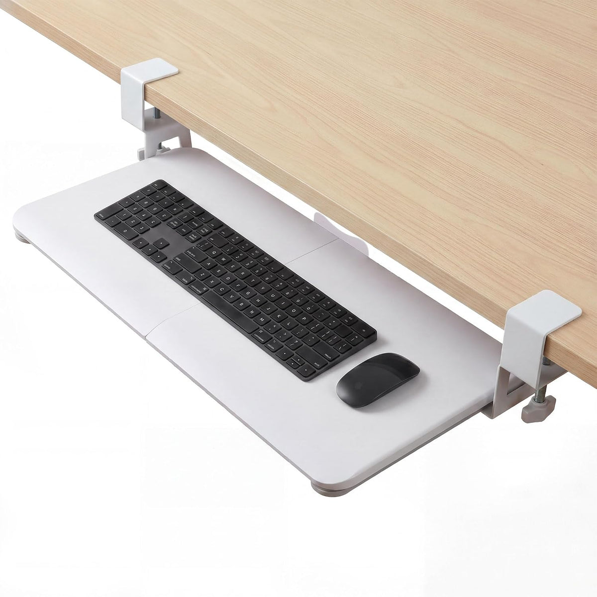 White Keyboard Tray Under Desk Clamp, 26.77" Large Under Desk Keyboard Tray Slide Out, Ergonomic Keyboard and Mouse Tray with Wrapped Edge Finish, Modern Desk Extender for Home Office