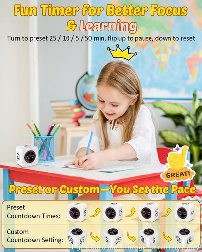 Digital Pomodoro Timer Cube 5/10/25/50min, Visual Productivity Flip Timer for Kids Classroom Desk, Custom Countdown, Silent and Sound Mode for ADHD Study Work Game Kitchen (Purple)