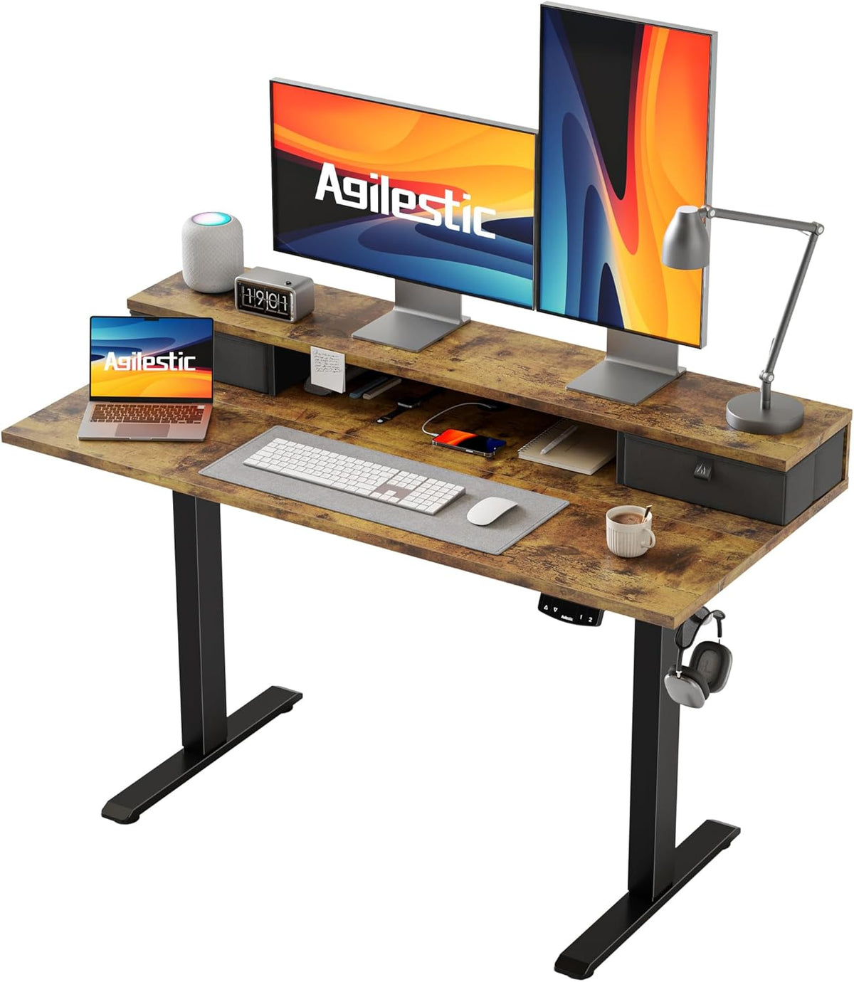 48 * 24 Inch Electric Standing Desk with Shelf & Led, Dark Walnut