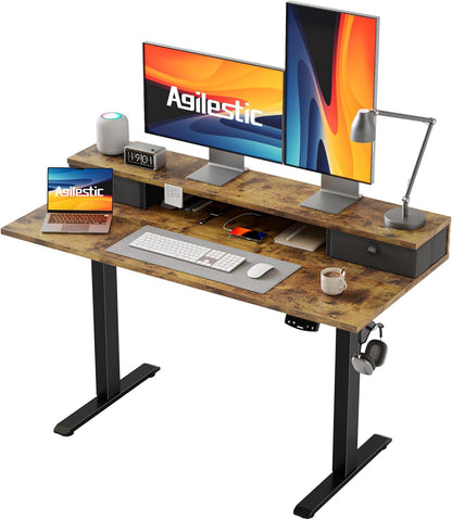 48 * 24 Inch Electric Standing Desk with Shelf & Led, Dark Walnut