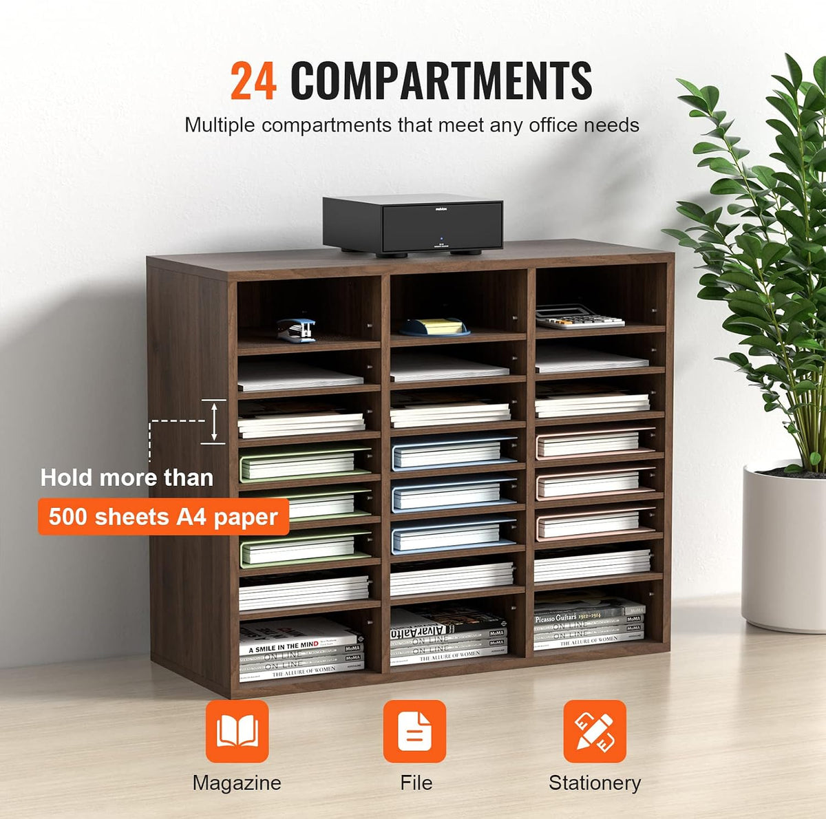 VEVOR Literature Organizers, 12 Compartments Office Mailbox with Adjustable Shelves, Wood Literature Sorter 20.4x12x16.1 inches for Office, Home, Classroom, Mailrooms Organization, EPA Certified White