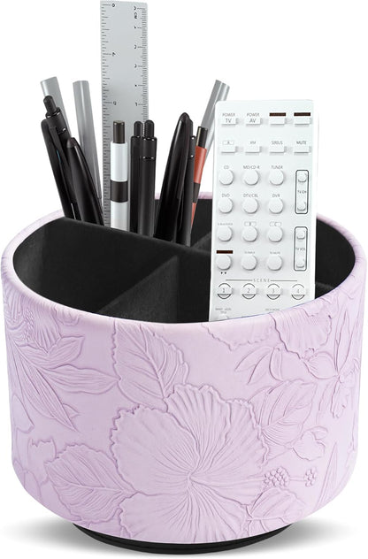 Round Leather Art Supply Organizer,Remote Control Holder,360 Degree Rotating,Multi-Functional Pencil Holder,4 Compartments Desktop Stationary Organizer(1-Blue Bird) - Colors A