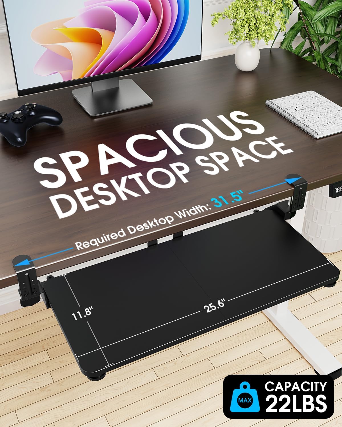 Small Keyboard Tray Under Desk, Pull Out Keyboard & Mouse Tray with Adjustable C-clamp, 20(25.9 Including Clamps) x 11.8 Inch Slide Out Computer Keyboard Drawer Mouse Tray for Typing, Walnut